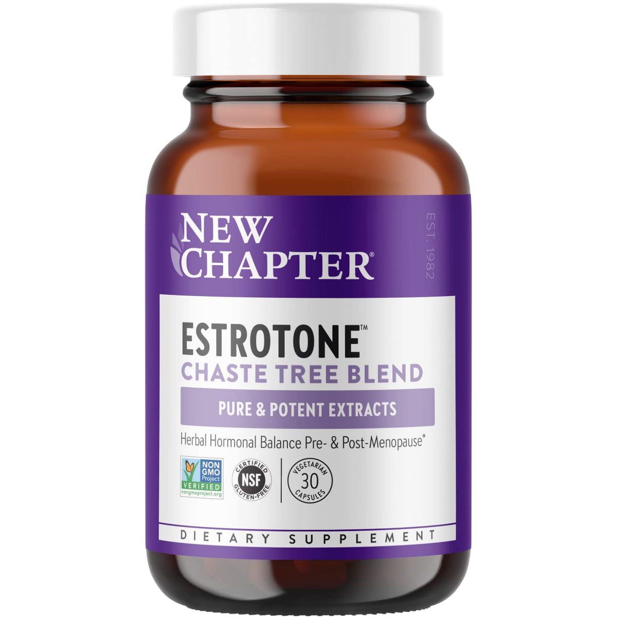 New Chapter Estrotone bottle front for daily menopause support.