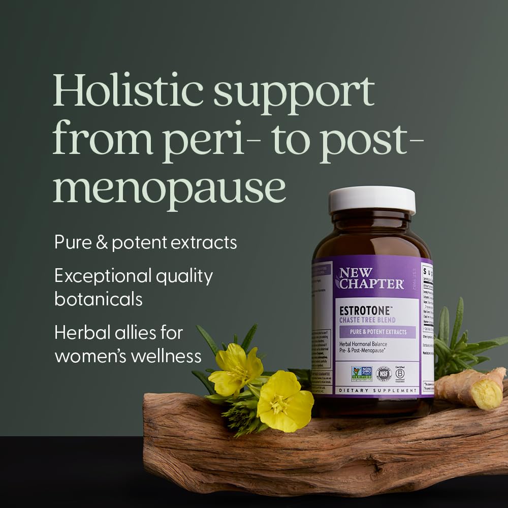 New Chapter Estrotone evening primrose oil closeup underscores balanced mood support.