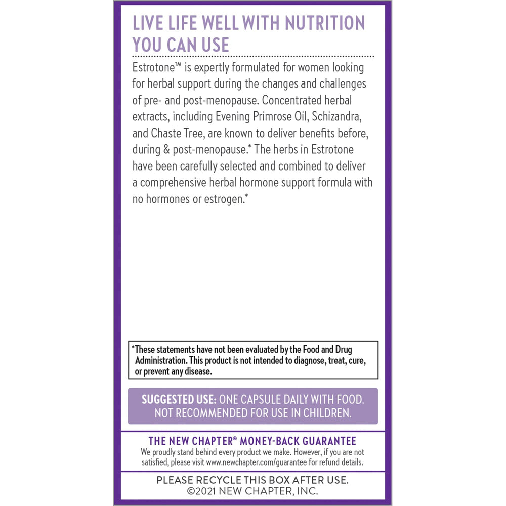 New Chapter Estrotone vegetarian capsules promote consistent daily wellness routines.