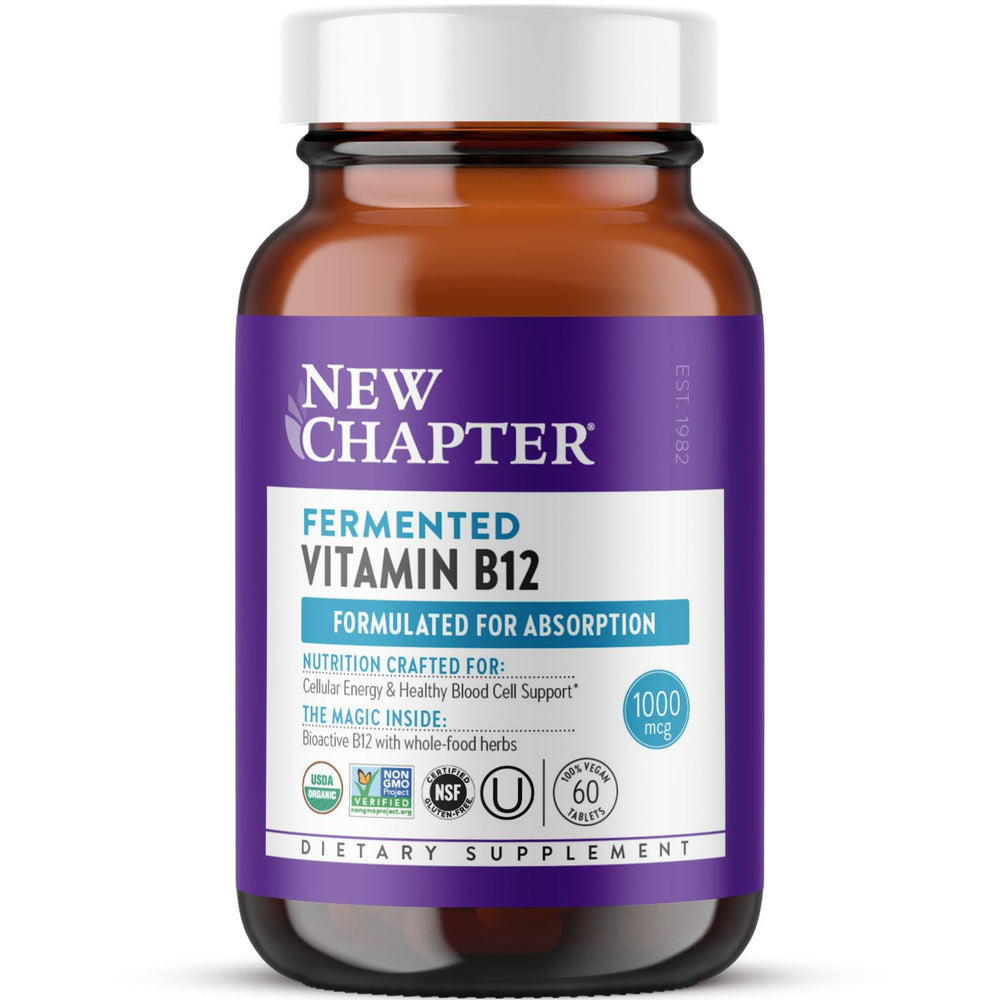 New Chapter Fermented Vitamin B12 bottle close-up highlighting organic daily energy support
