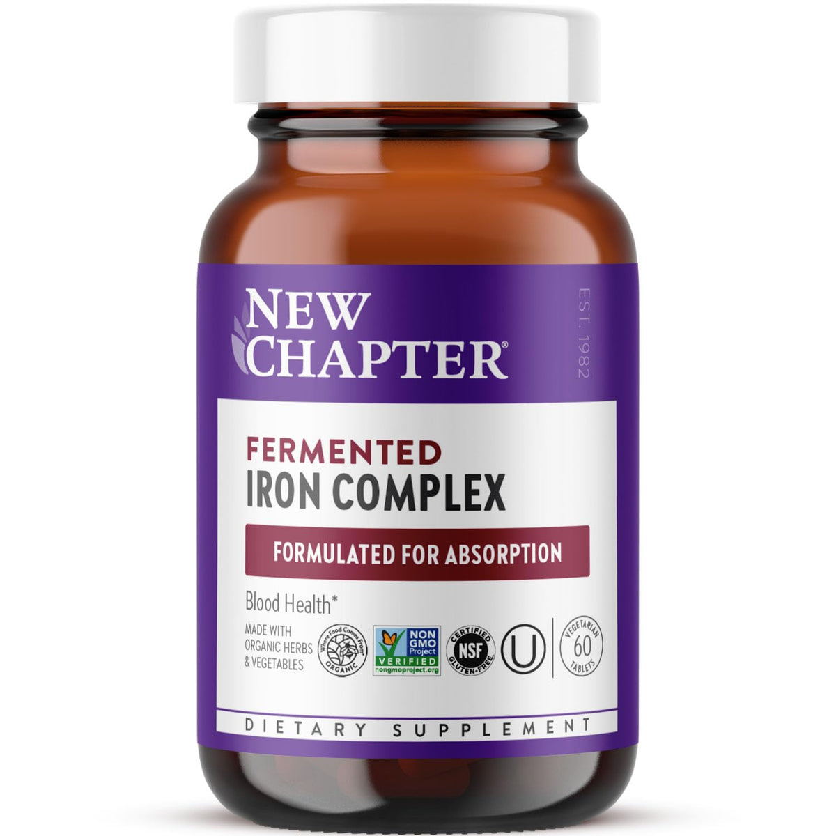 New Chapter Iron Supplement bottle displaying fermented formula for easy daily absorption.