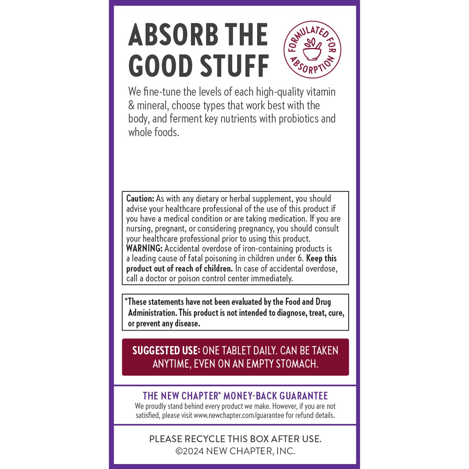 New Chapter iron supplement packaging highlighting gluten-free and dairy-free.