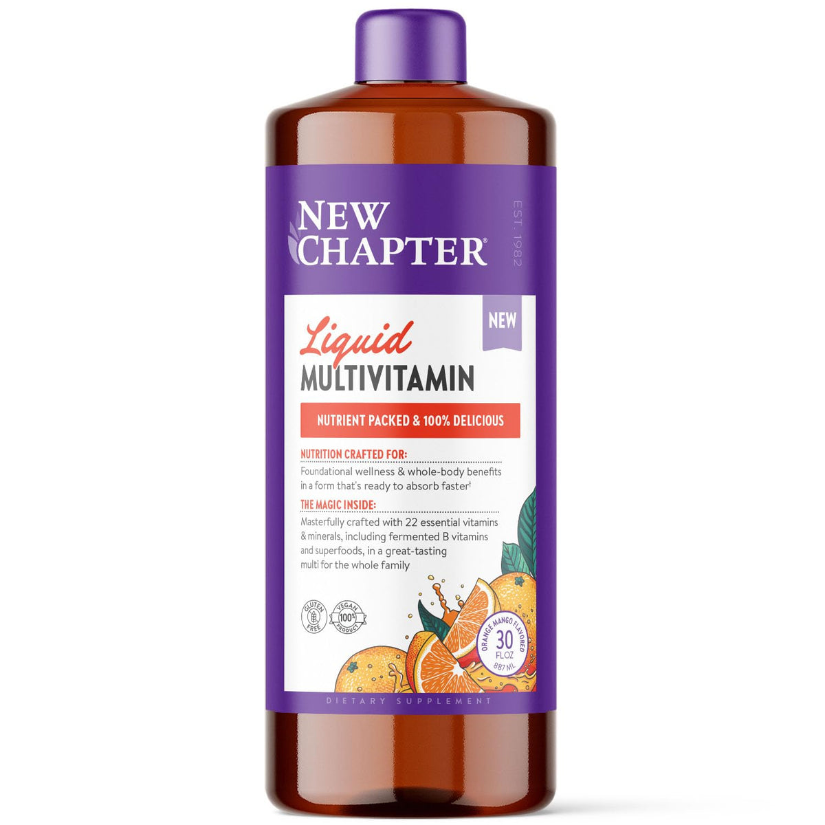 New Chapter liquid multivitamin bottle pour for easy daily nutrition.