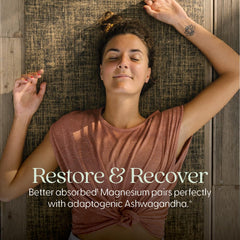 New Chapter magnesium-ashwagandha capsules closeup shows small, easy-to-swallow capsules for everyday recovery