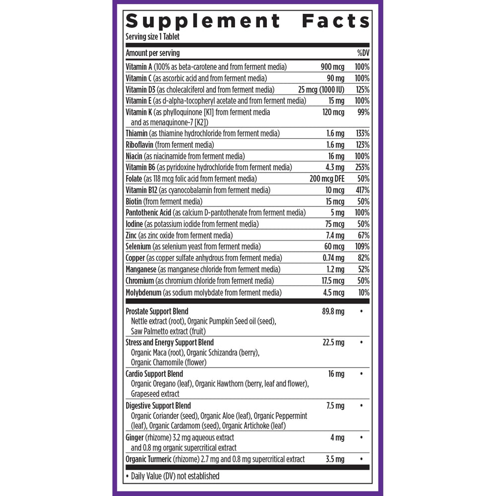 New Chapter Men’s Multivitamin 40+ packaging-inside shows sustainable sourcing.