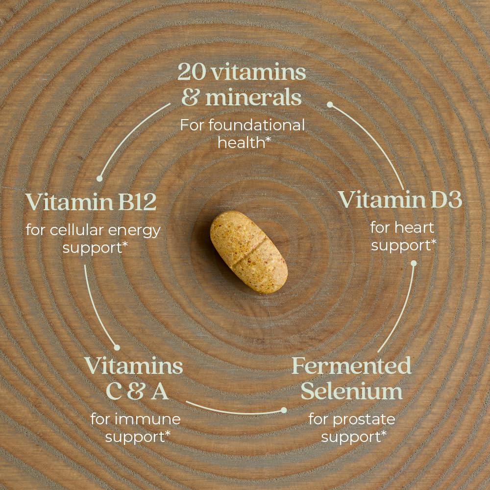 New Chapter Men’s Multivitamin 40+ tablets-closeup highlighting B vitamins and D3.
