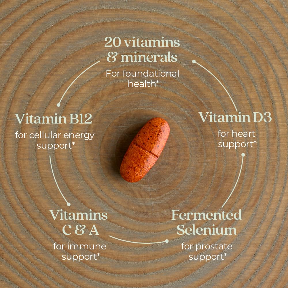 Label details of New Chapter Men’s 55+ multivitamin show core heart, brain, and immune benefits.