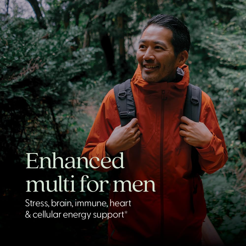 New Chapter Men's Multivitamin bottle label shows organic ingredients and probiotics for digestion.