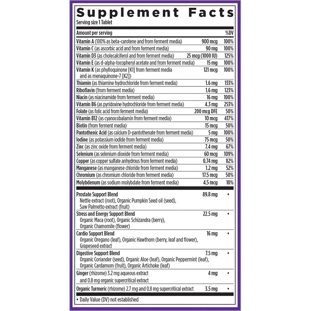 New Chapter Men's Multivitamin pill with fermented ingredients aids digestion and convenient daily use.