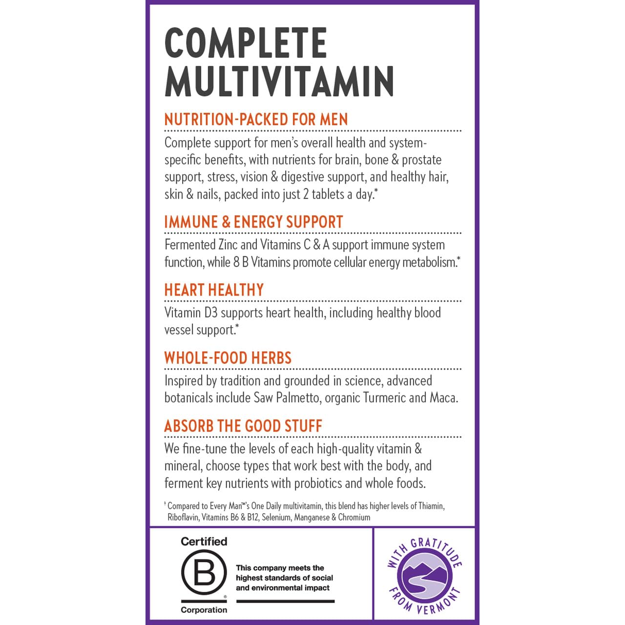 New Chapter Men's Multivitamin label notes Non-GMO and organic certifications.