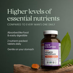 Close-up of New Chapter multivitamin tablet emphasizing fermented nutrients for easy absorption.