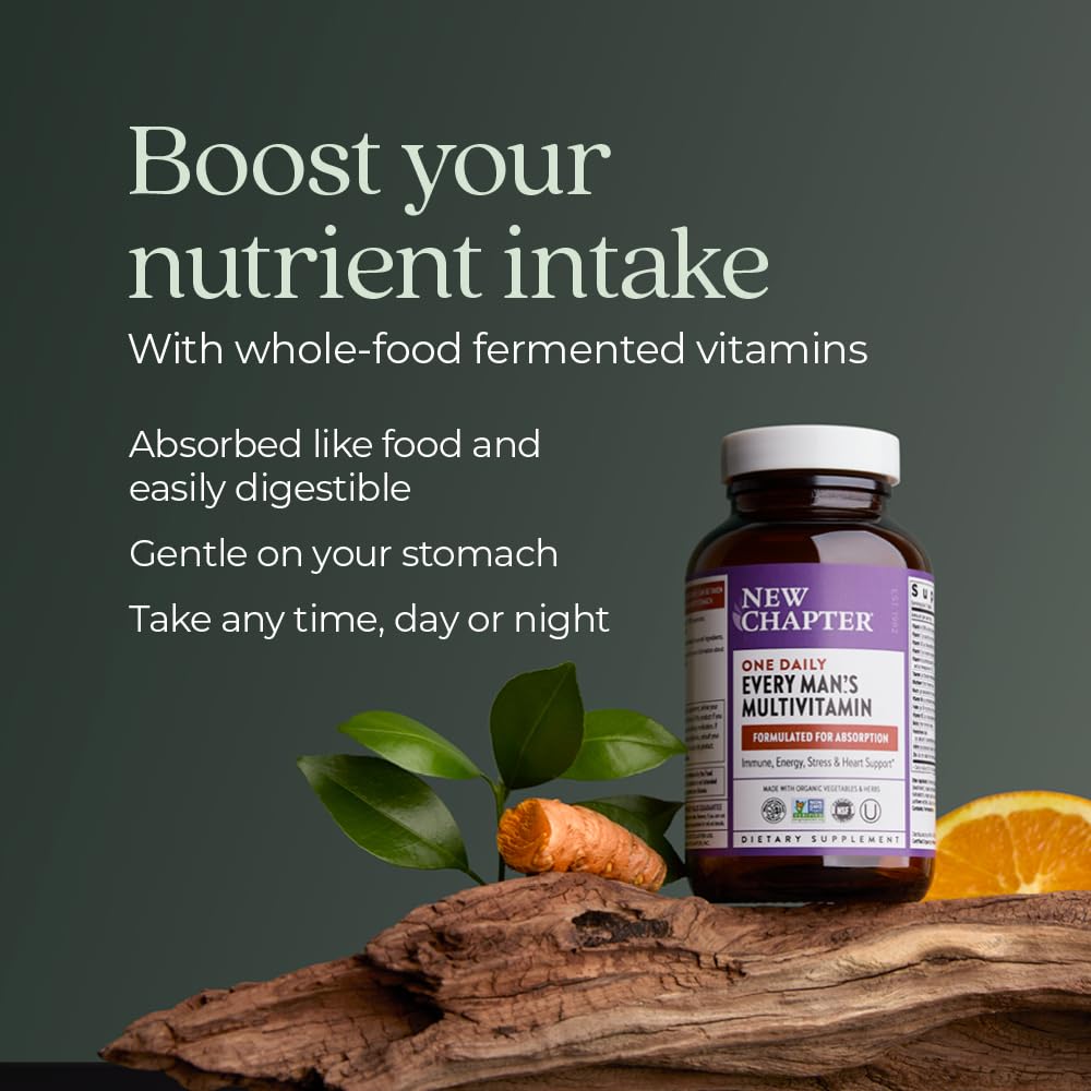 New Chapter Men's One Daily fermentation graphic illustrating absorption-friendly nutrients.