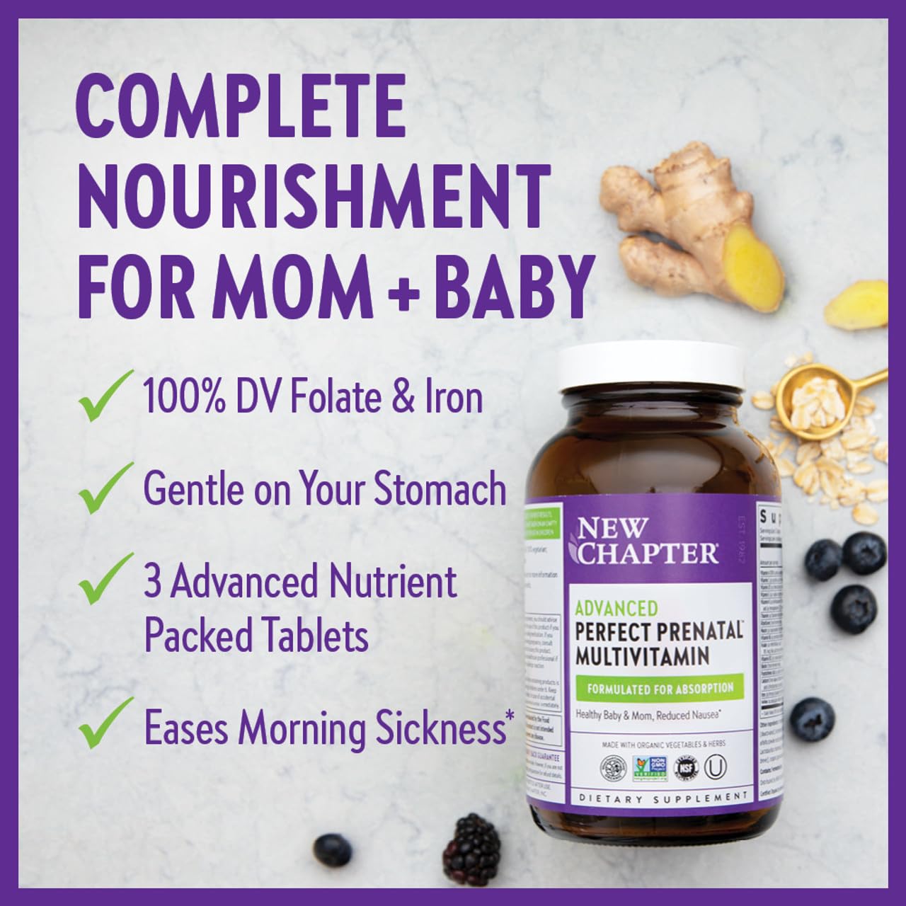 New Chapter Perfect Prenatal with ginger cue suggests morning comfort for digestion.