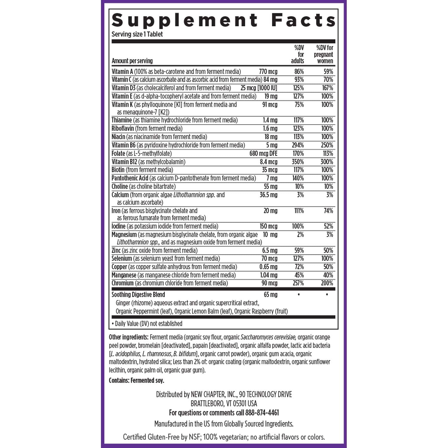 New Chapter Prenatal 35+ ingredients panel focuses on methylfolate and choline