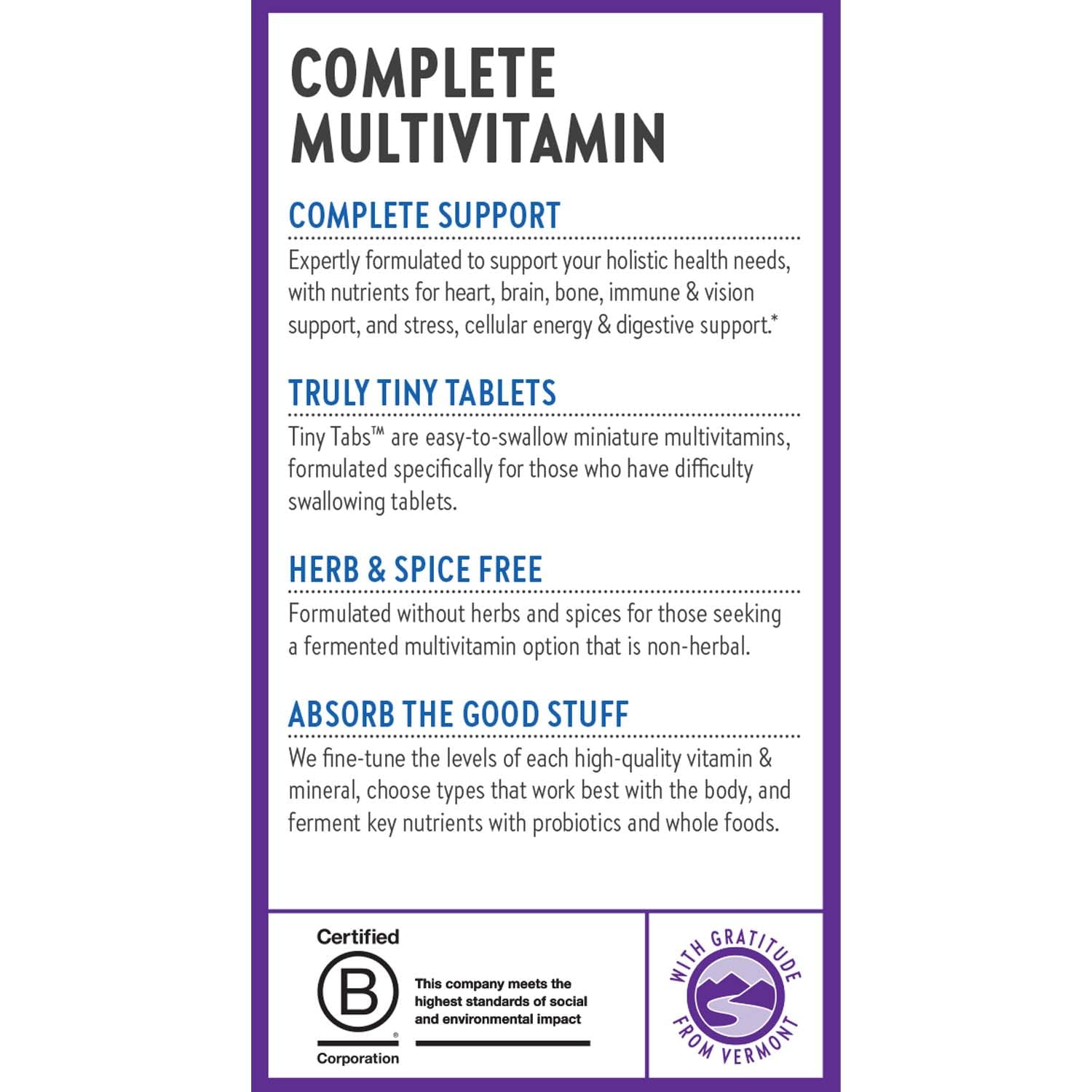 New Chapter Tiny Tabs label highlights 22 vitamins and minerals for daily health.