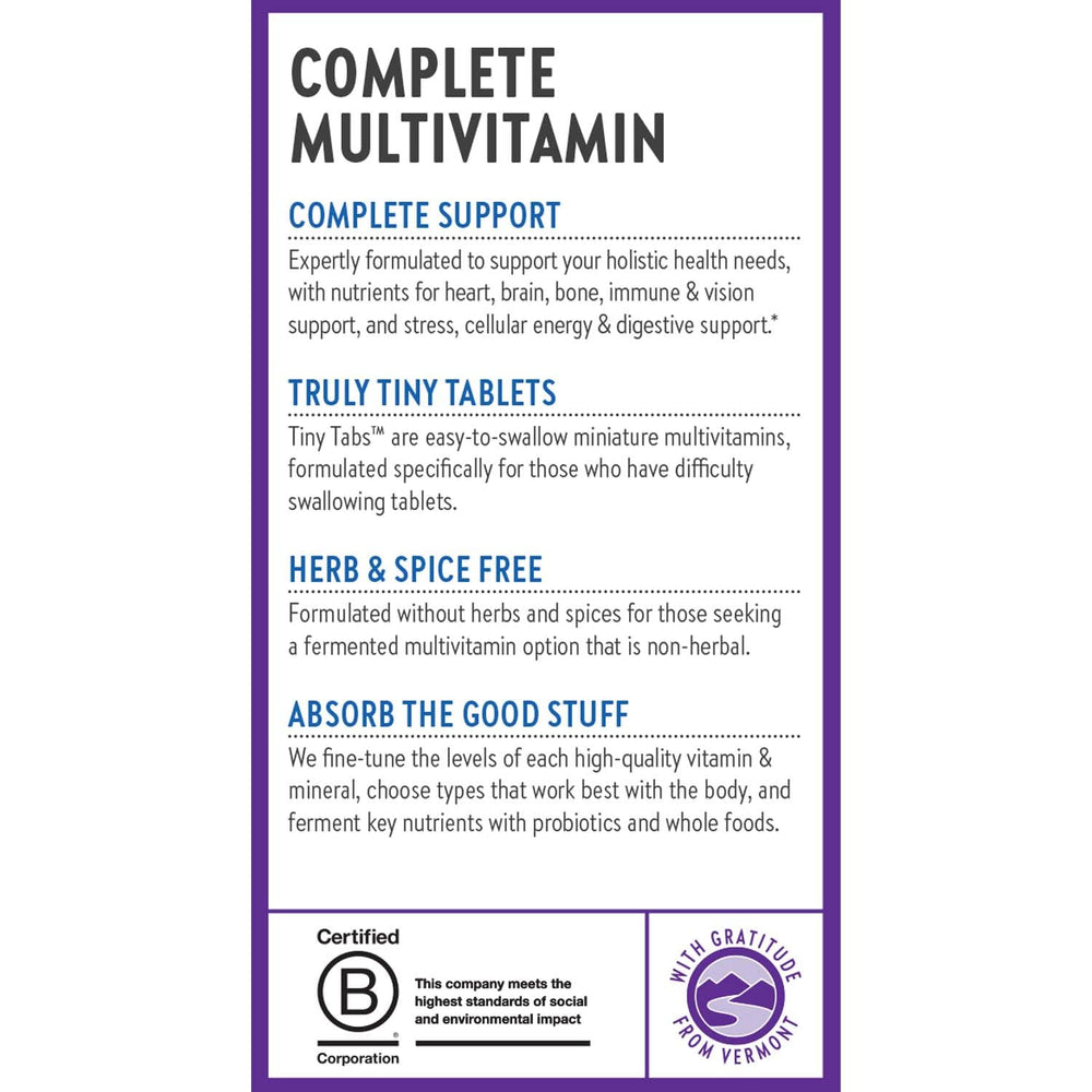 New Chapter Tiny Tabs label highlights 22 vitamins and minerals for daily health.