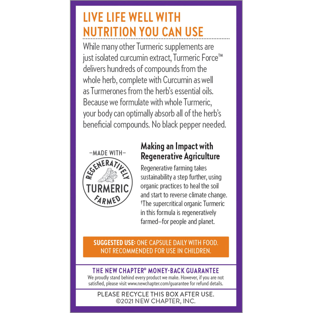 New Chapter Turmeric Force gluten-free badge highlights dietary compatibility.