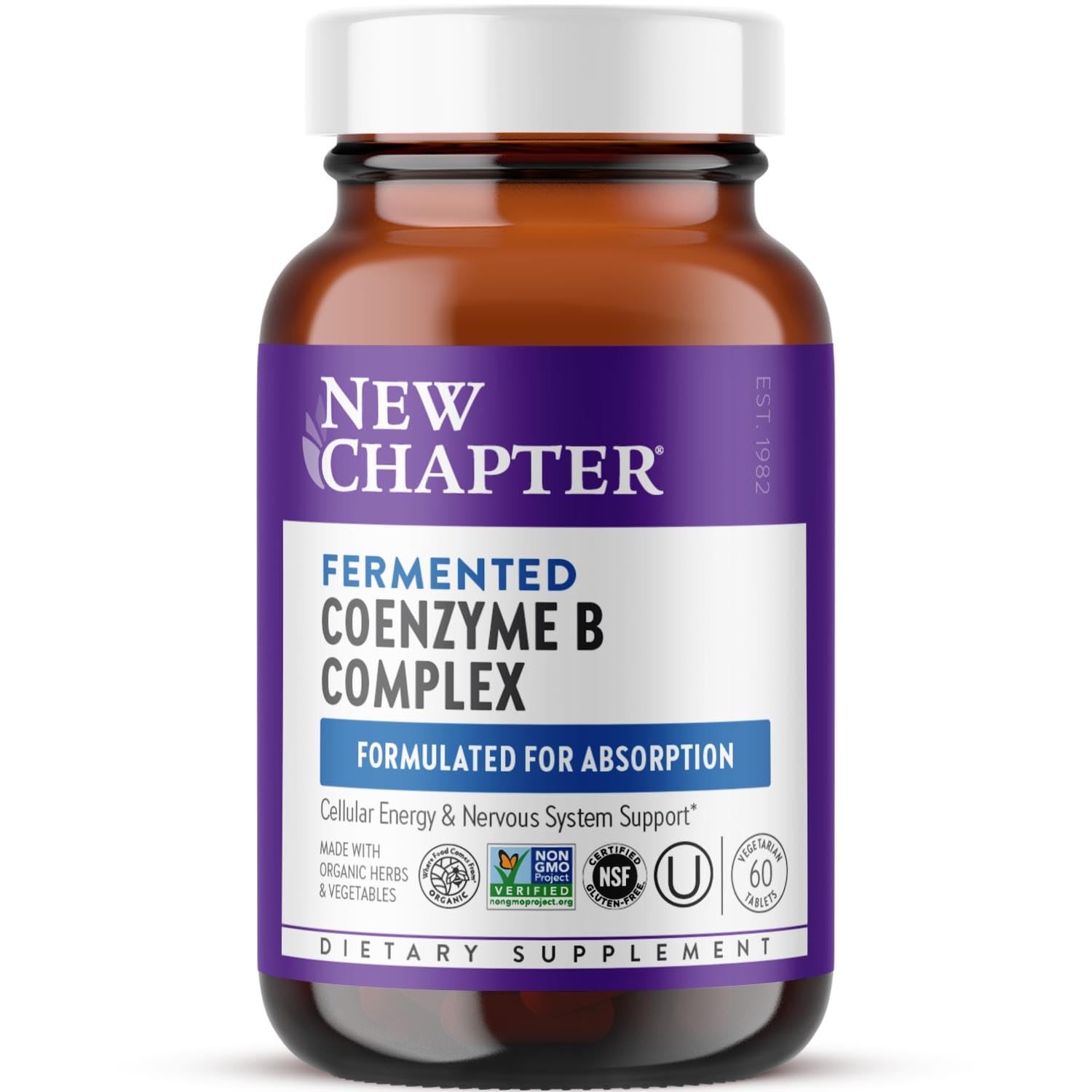New Chapter Vitamin B Complex bottle front view highlighting fermented nutrients for daily energy support.