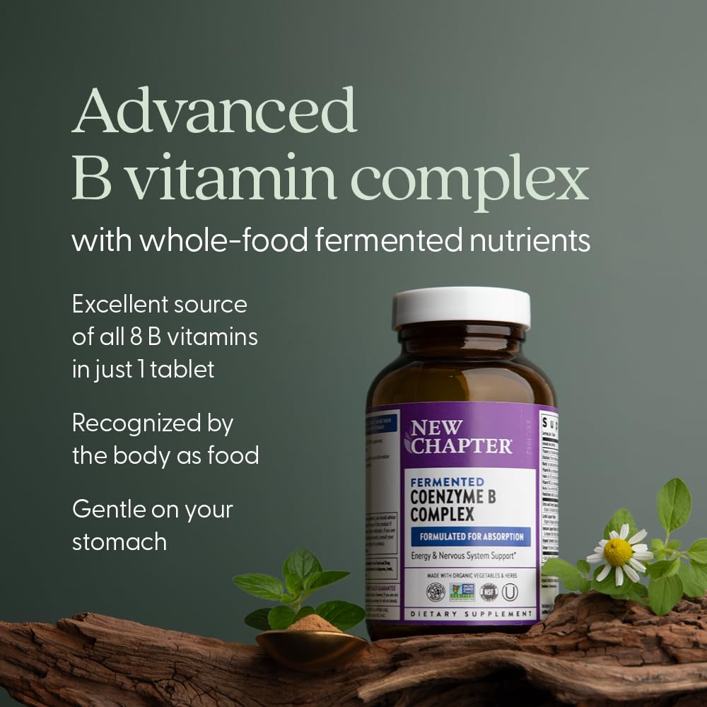 New Chapter fermented B complex capsules against organic background suggesting gentle daily nutrition.