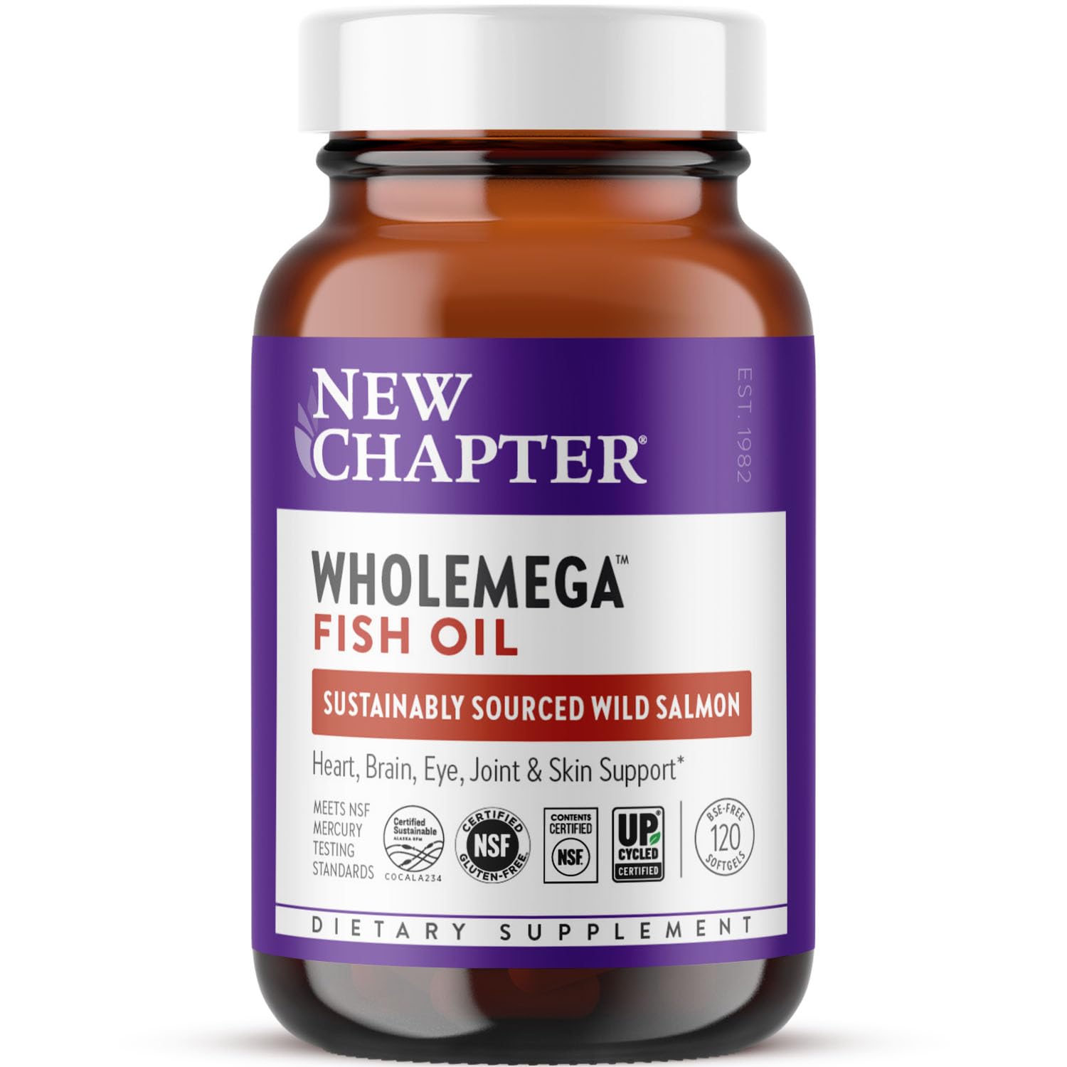 New Chapter Wholemega wild Alaskan salmon oil bottle supports daily omega-3 intake.