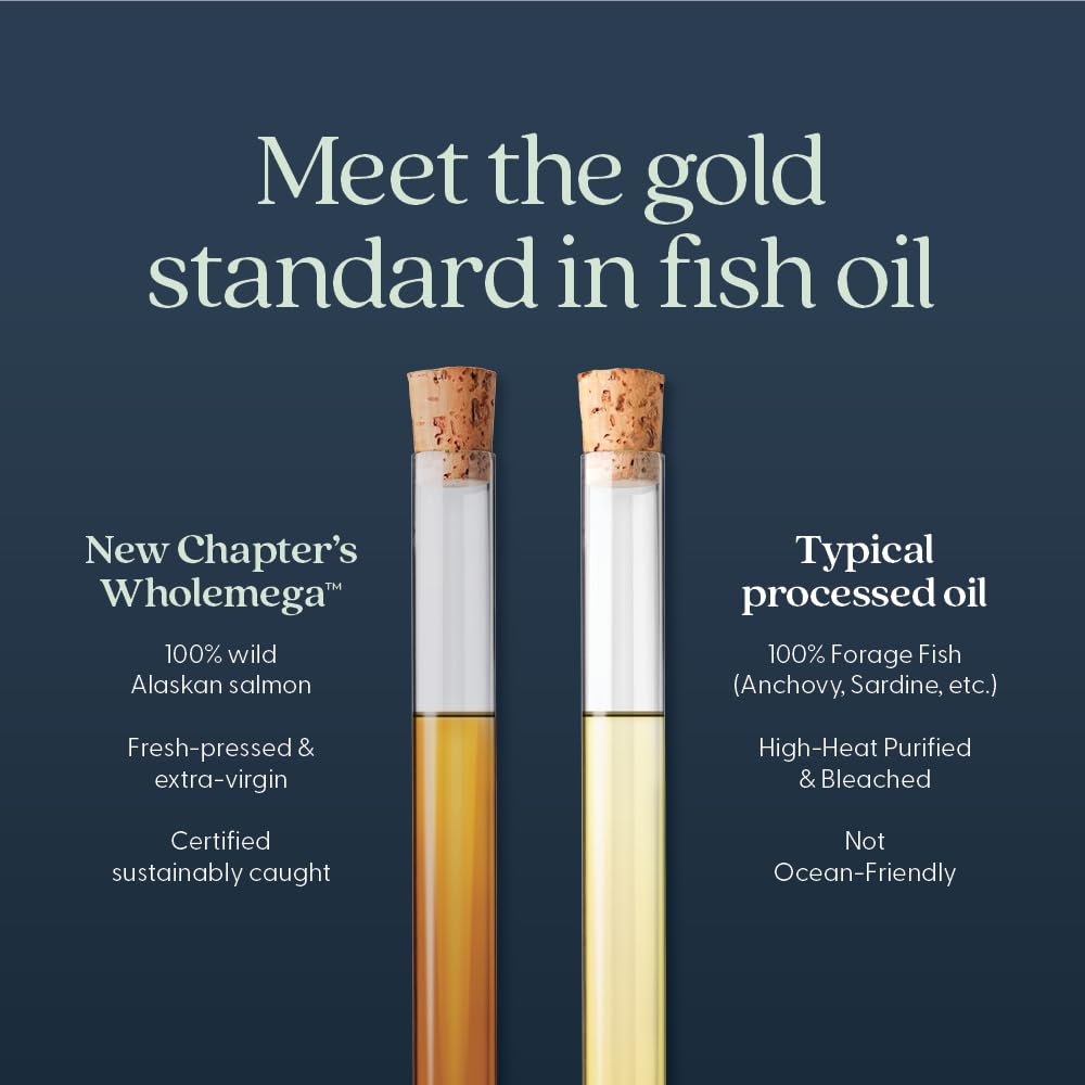 New Chapter Wholemega wild Alaskan salmon oil illustration emphasizing sustainability.