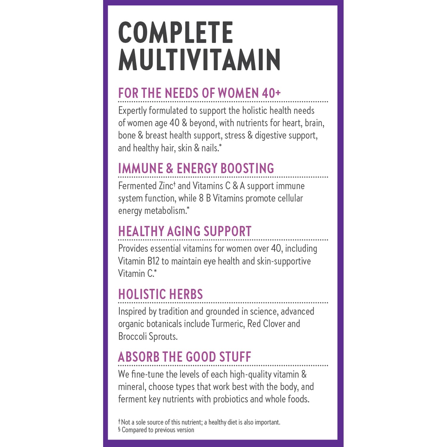 New Chapter Women's Multivitamin 40+ packaging showcases organic vegetables and herbs.