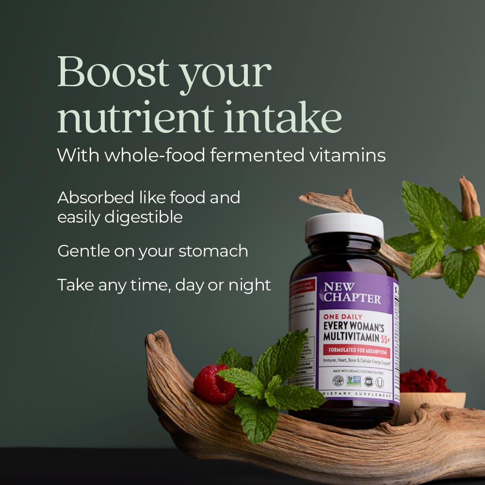 New Chapter 55+ fermented nutrients graphic illustrating absorption and gut-friendly formulation.