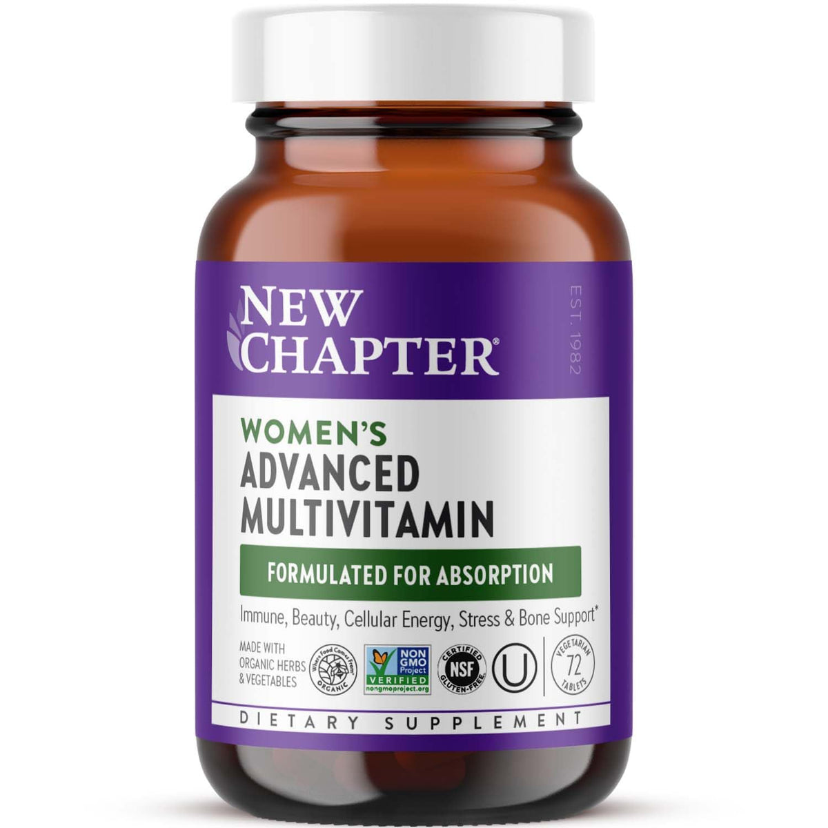 New Chapter Women’s Multivitamin Advanced Formula bottle shows whole-food fermented nutrients for daily wellness.