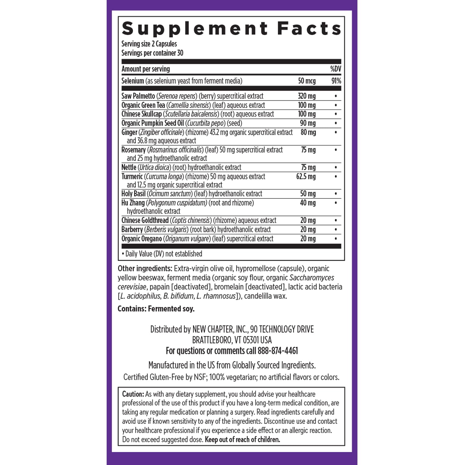 Packaging infographic for Zyflamend Prostate ingredients and whole herb fermentation