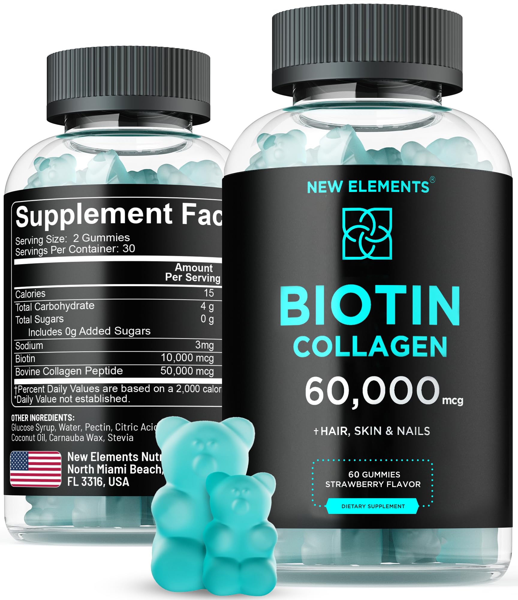 New Elements Biotin & Collagen Gummies bottle close-up promotes glossy hair and strong nails.