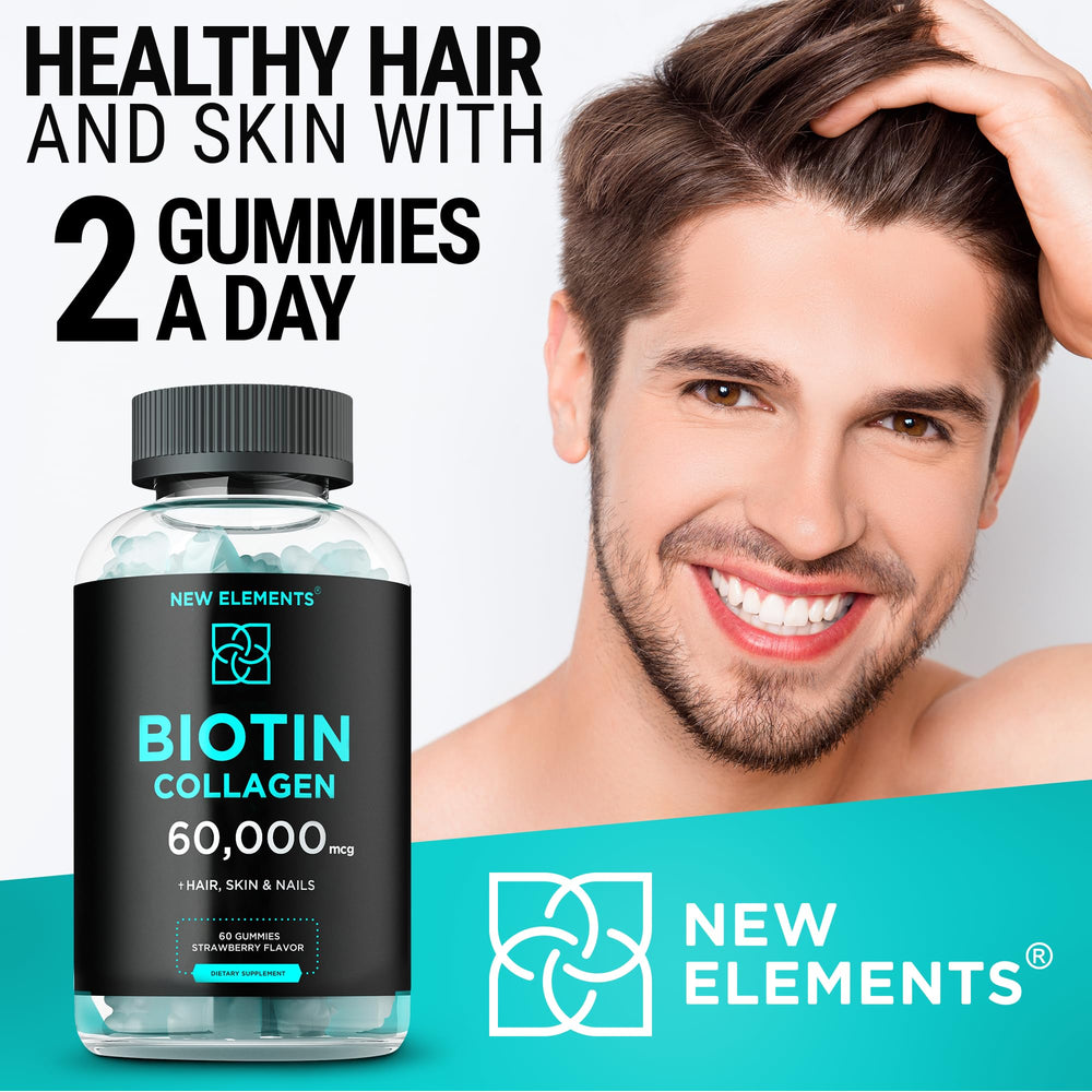 New Elements gummies with lifestyle shot promoting radiant skin and healthy hair.