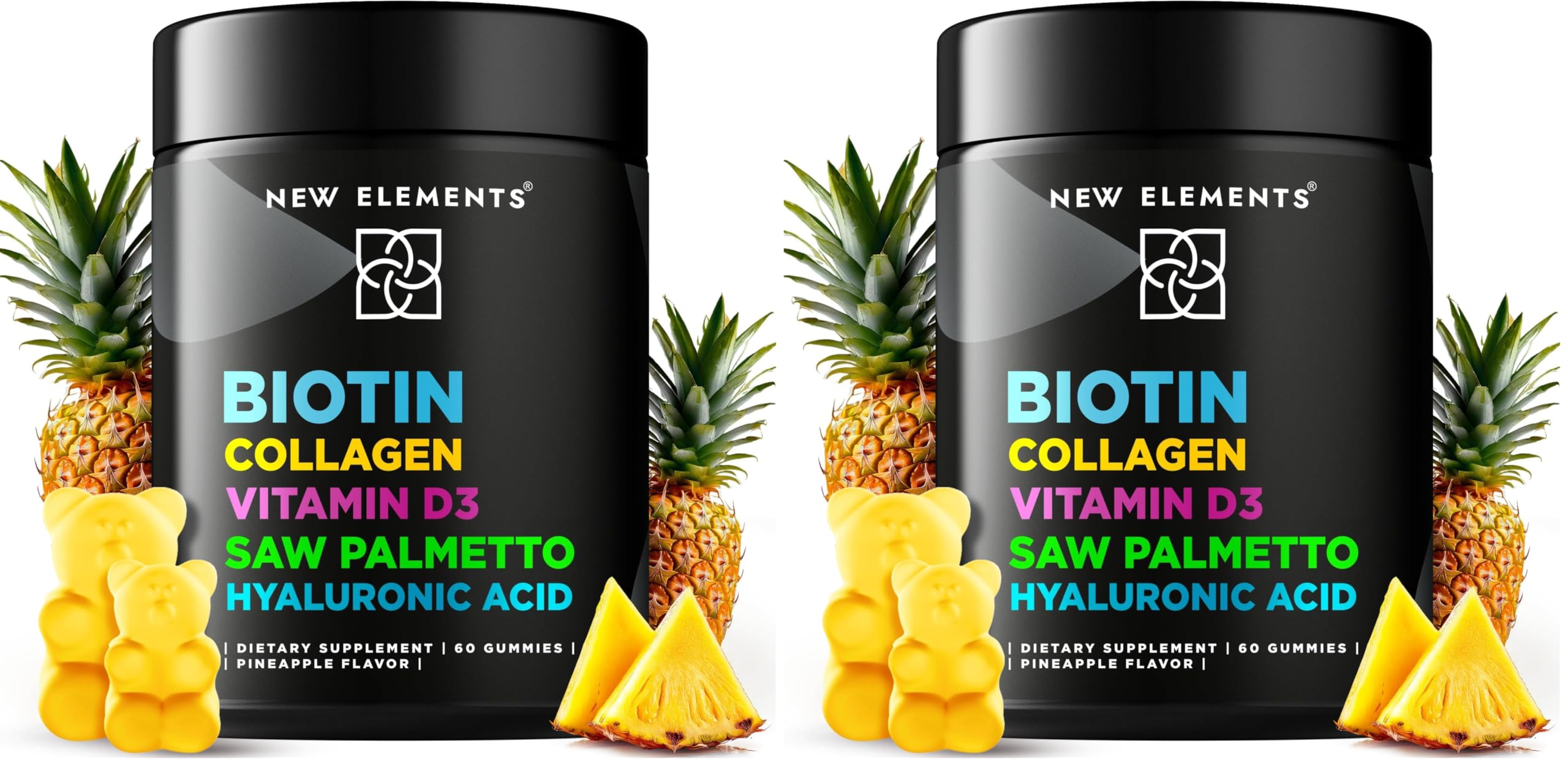 New Elements Biotin Gummies bottle supports healthy hair and nails.