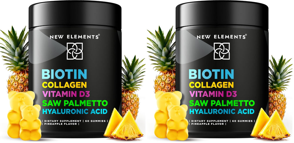 New Elements Biotin Gummies bottle supports healthy hair and nails.