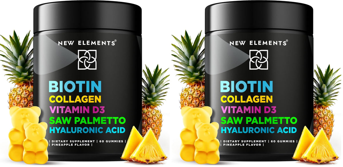 New Elements Biotin Gummies bottle supports healthy hair and nails.
