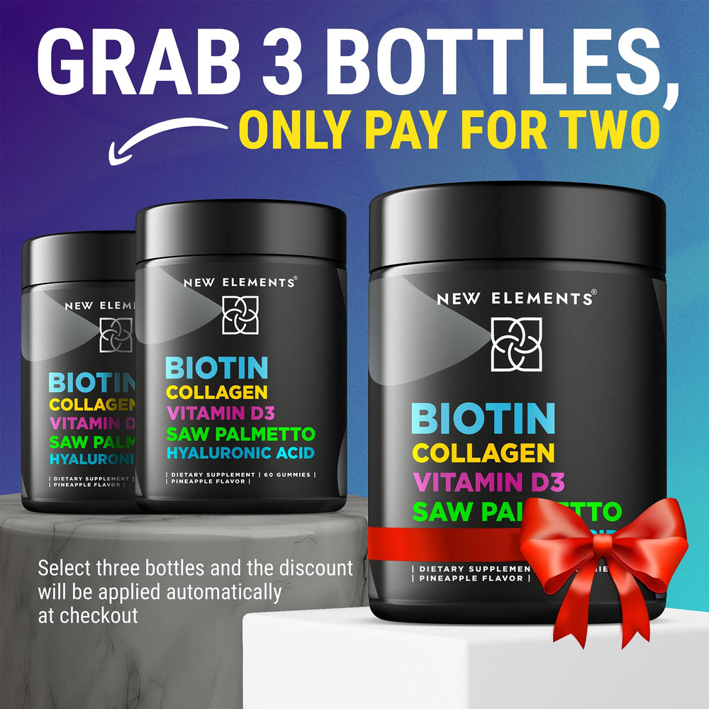New Elements Biotin Gummies close-up shows chewy texture and pineapple flavor.