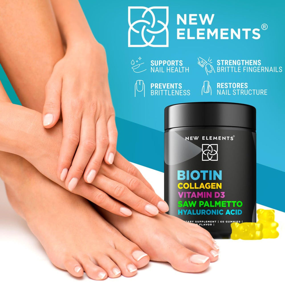 New Elements Biotin Gummies show hair, skin, and nails benefits.