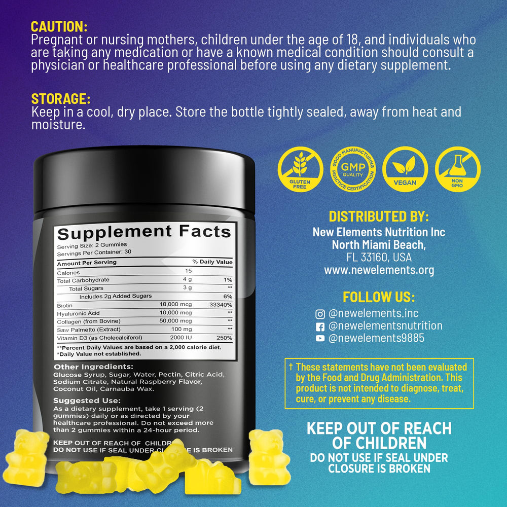 New Elements Biotin Gummies pineapple flavor close-up for daily enjoyment.