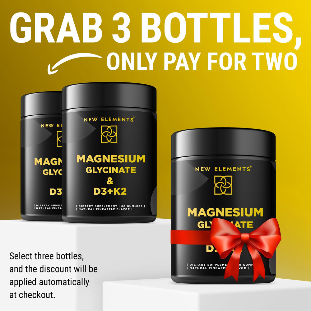 New Elements Calm Magnesium Gummies label highlights vegan, non-GMO formula for daily wellness.