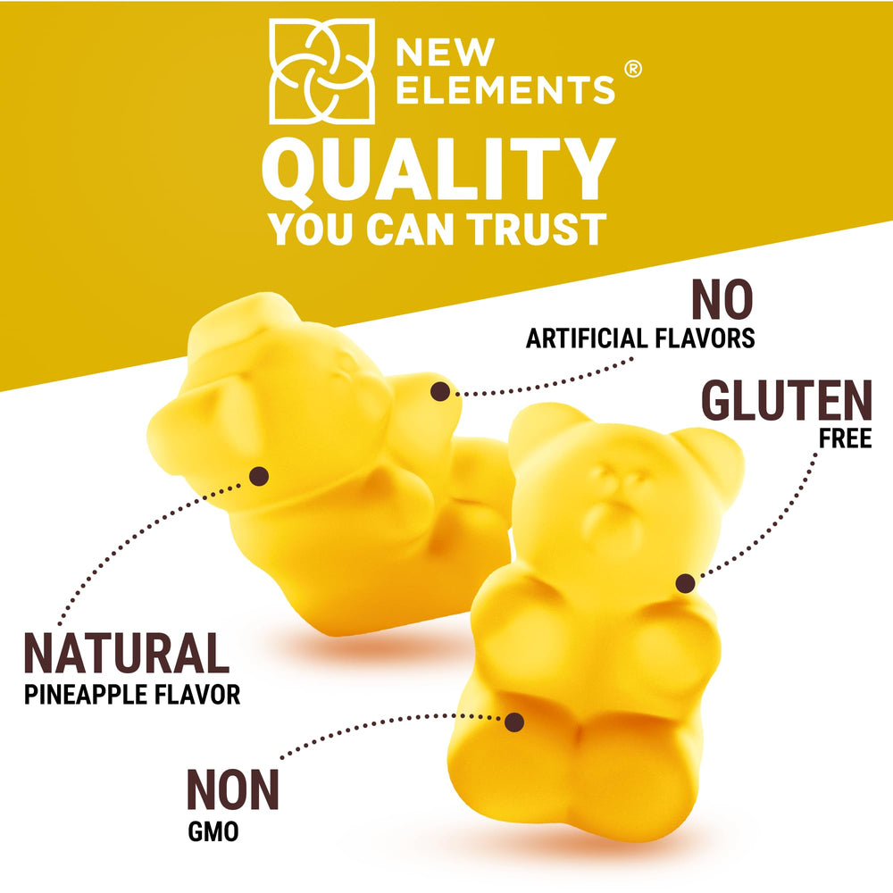 New Elements Calm Magnesium Gummies pineapple flavor jar conveys convenient daily use.