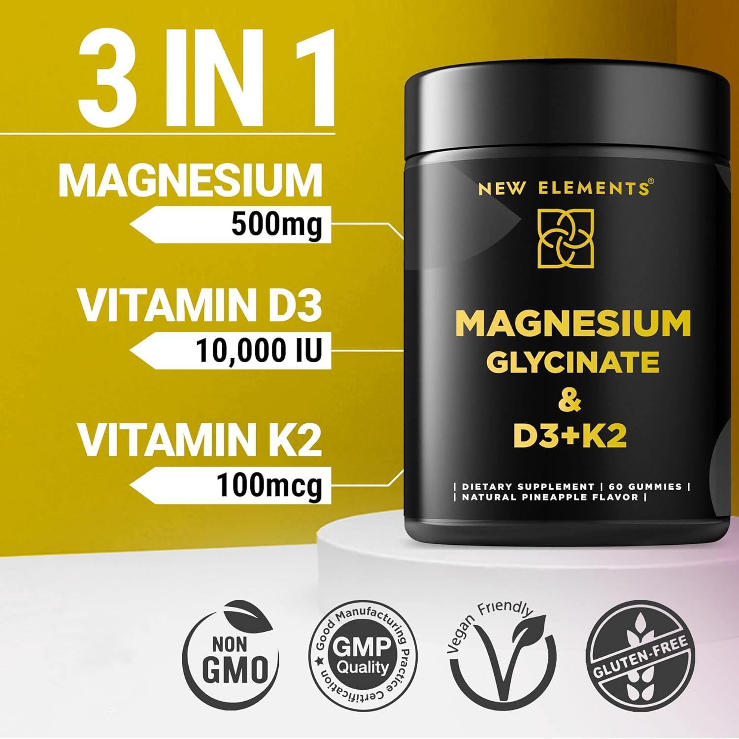 New Elements Calm Magnesium Gummies pineapple slice conveys fruity flavor on the go.