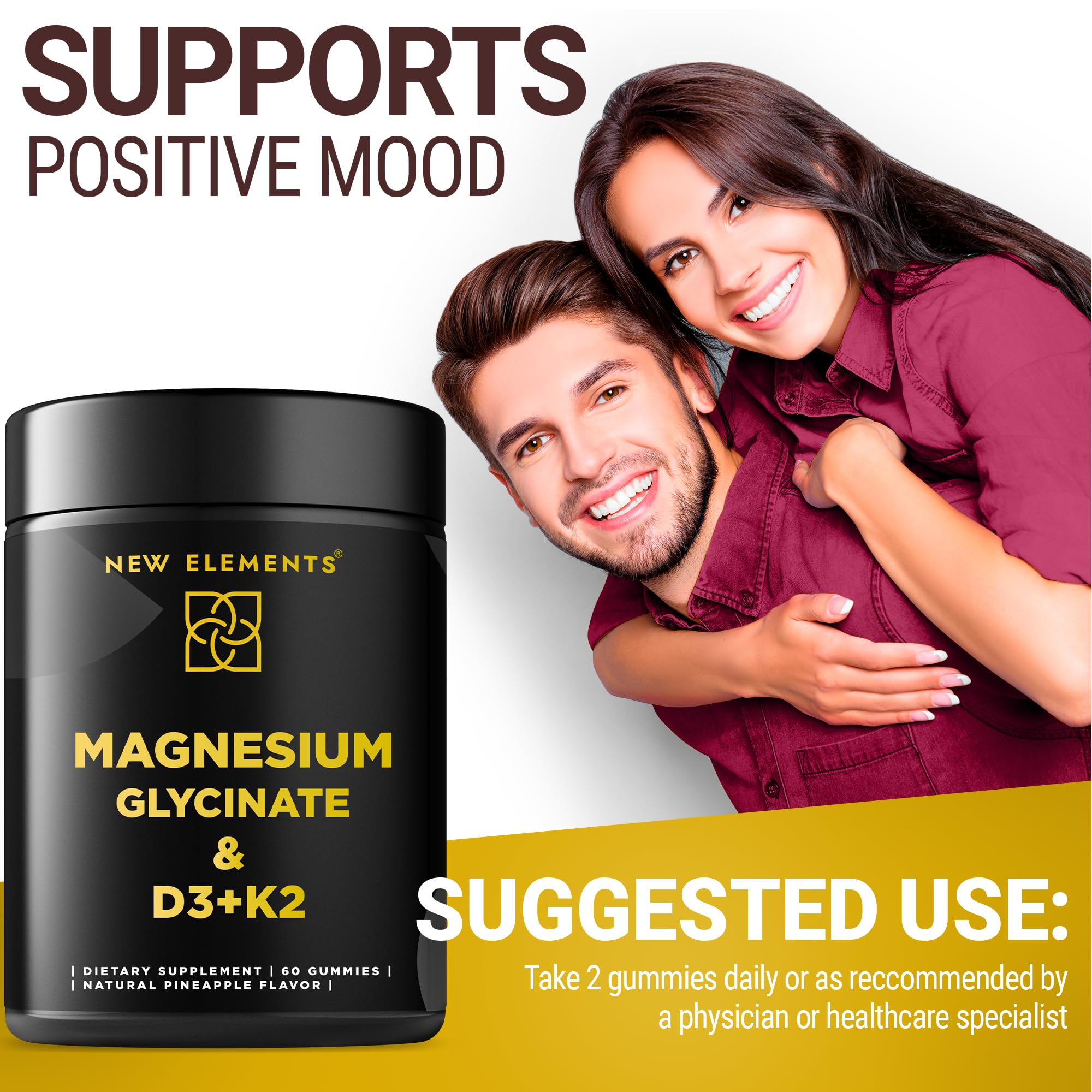 New Elements Calm Magnesium Gummies vegan badge highlights plant based wellness option.