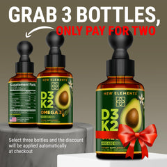 New Elements D3K2 drops dropper pours omega-3 blend for heart health