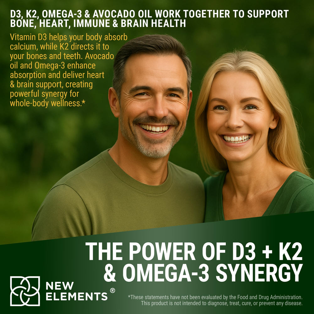New Elements D3K2 liquid in bottle with omega-3 emphasis on daily wellness