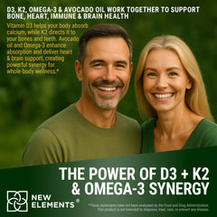 New Elements D3K2 liquid in bottle with omega-3 emphasis on daily wellness