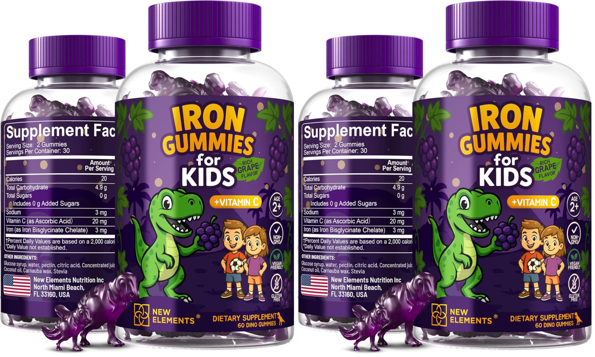 New Elements Iron Dinosaur Gummies bottle with grape flavor, supporting kids' iron intake.