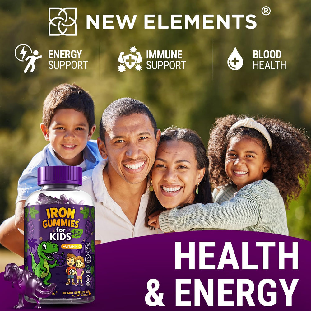 New Elements Iron Dinosaur Gummies kid enjoying a grape bite.