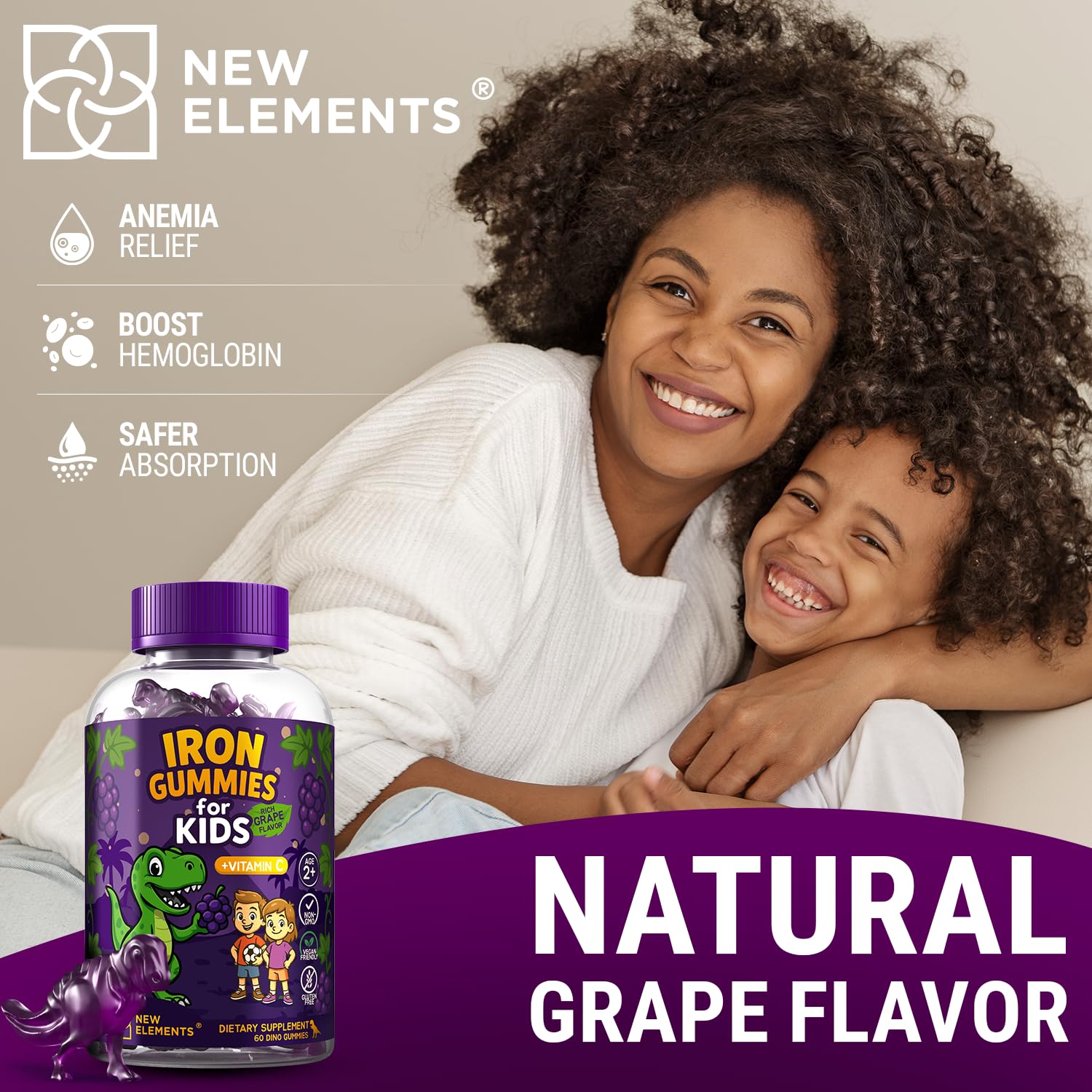 New Elements Iron Dinosaur Gummies label communicates gluten-free and non-GMO status.