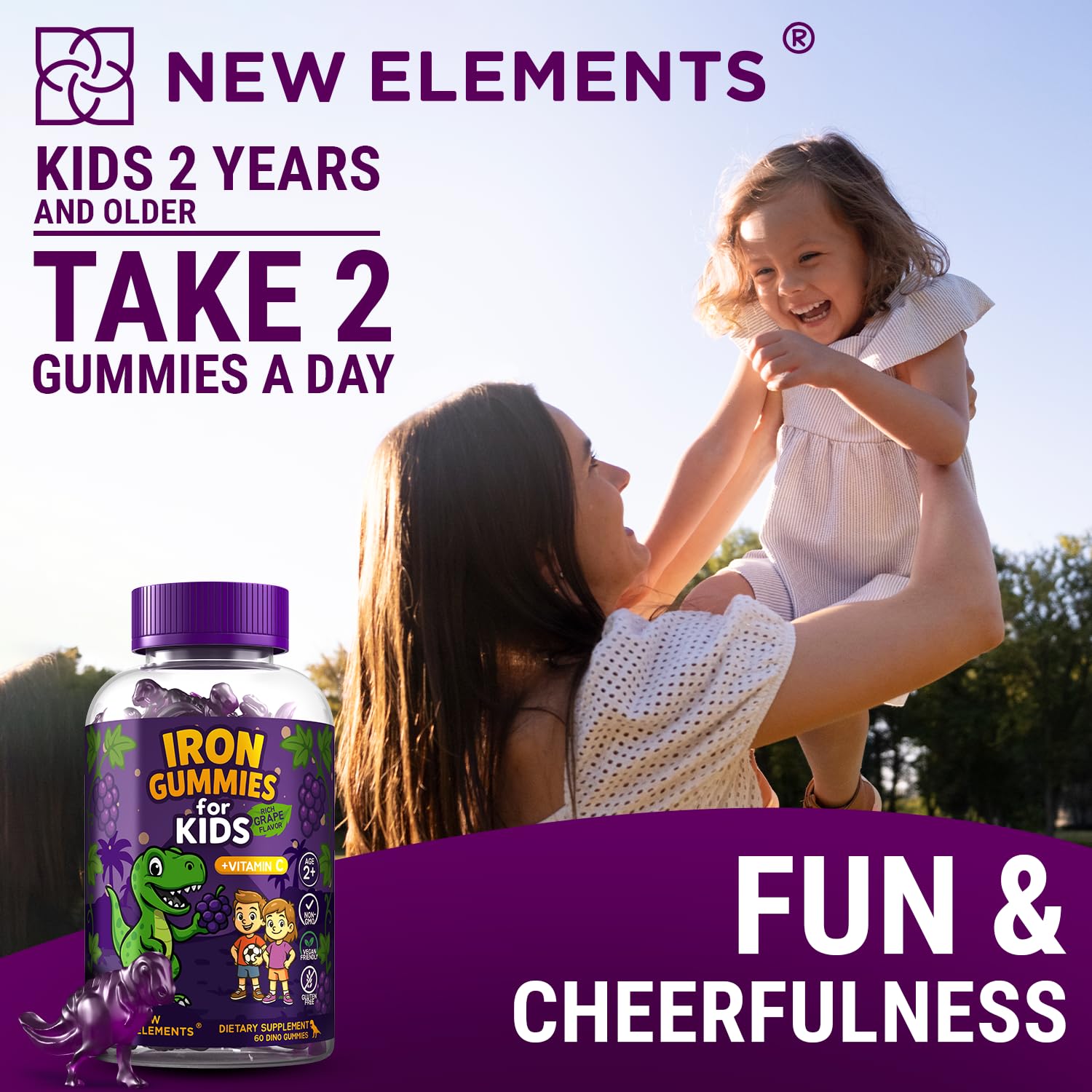 New Elements Iron Dinosaur Gummies packaging on countertop evokes trust.