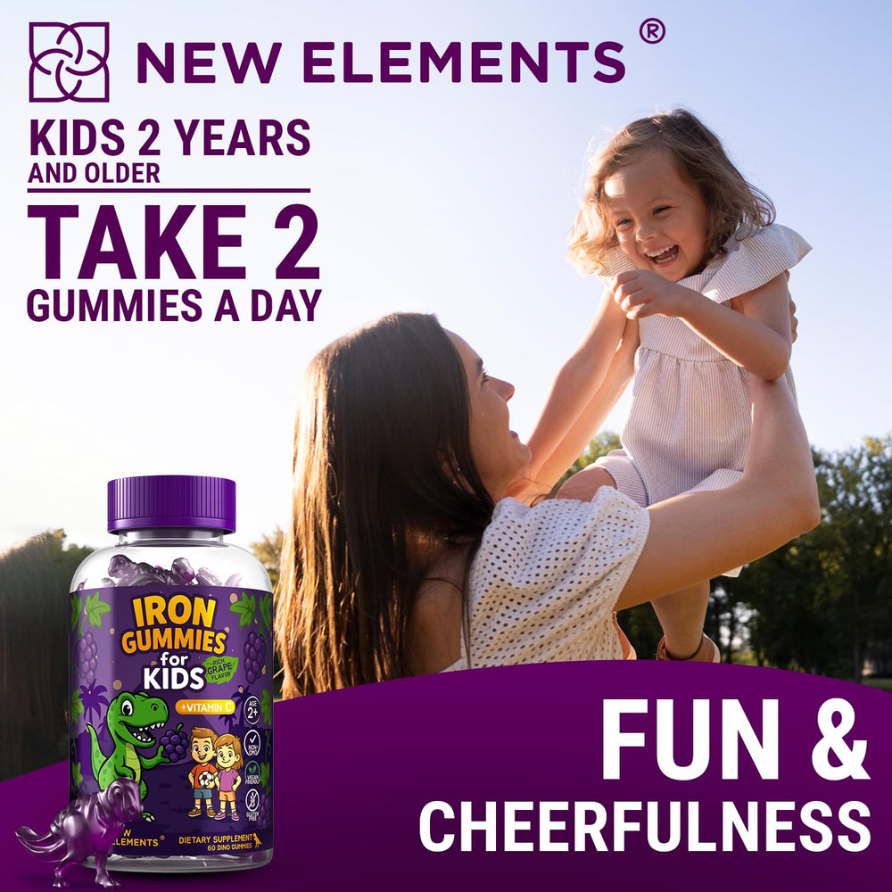 New Elements Iron Dinosaur Gummies packaging on countertop evokes trust.