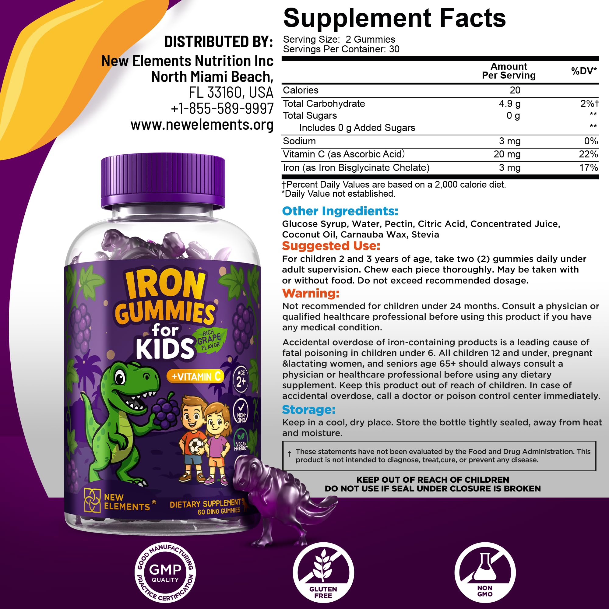 New Elements Iron Dinosaur Gummies serving shows vitamin C pairing for better absorption.